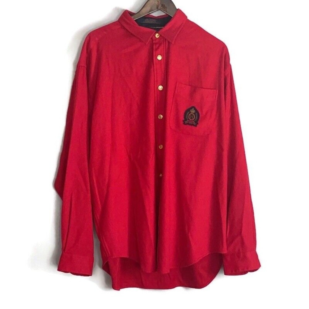 VINTAGE TOMMY HILFIGER Mens Red Wool Cashmere Shirt Size XL Gold Buttons Crest